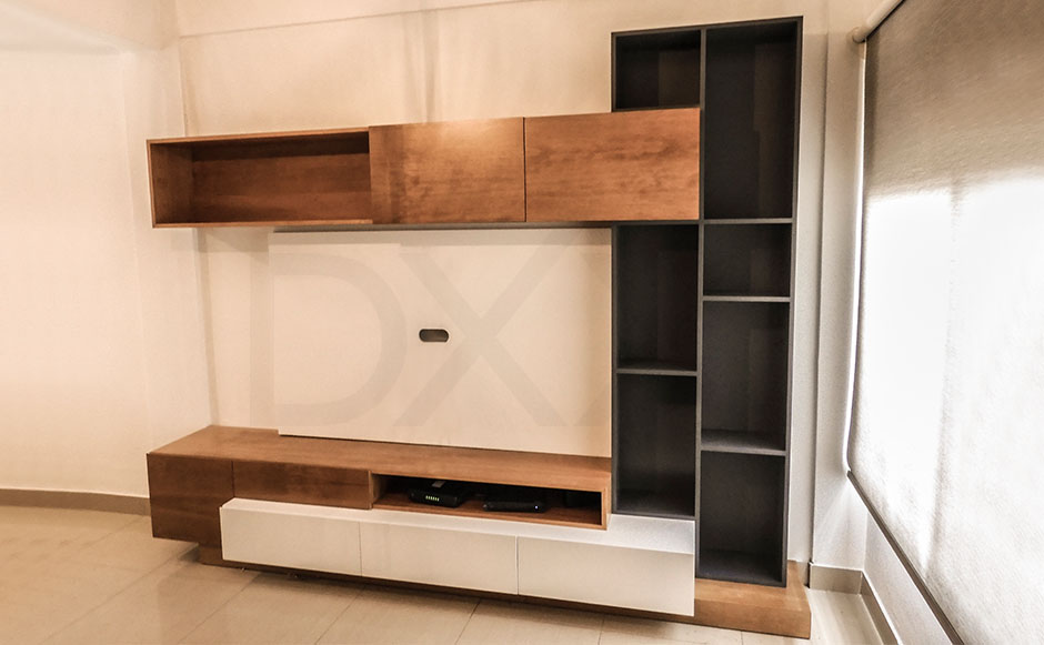 Mueble para TV Tetris, MDF laqueado y madera enchapada en Guatambu con lustre poliretanico ¡. DXXI Fabrica de muebles de TV a medida