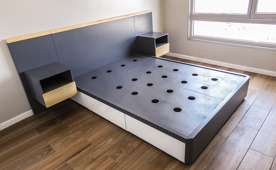 cama con cajones laqueada modelo NOVA. DXXI Fábrica de muebles contemporáneos