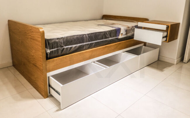 Cama de una plaza con cajones modelo Smart enchapada. DXXI Fábrica de camas con cajones