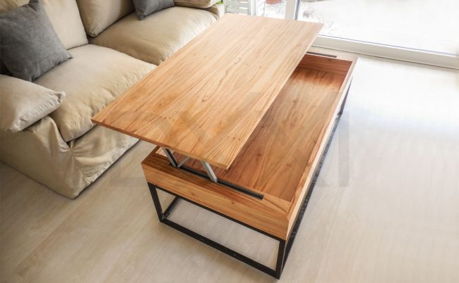 Mesa ratona Mecano rectangular tapa levadiza de madera y base metálica
