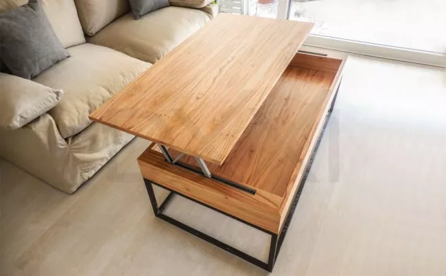 Mesa ratona Mecano rectangular tapa levadiza de madera y base metálica