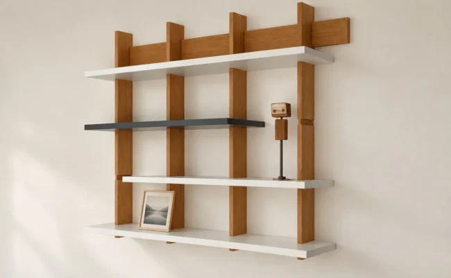 Estantería modular Net de pared con tensores de madera maciza, estantes laqueados, escultura y portarretrato