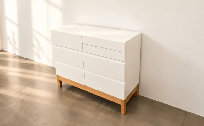 Cómoda Nina blanca con base de madera y cajones cerrados