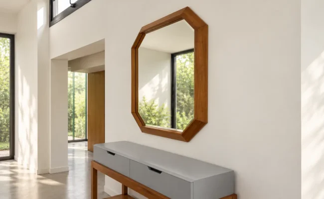 Espejo Dharma con marco de madera maciza de guatambú – vista lateral