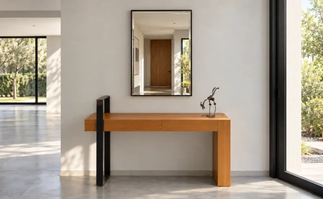 Espejo Falcón de 60 × 80 cm con marco de hierro desgastado, vista frontal sobre dressuar