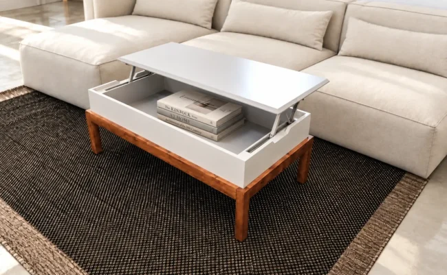 Mesa ratona Martini rectangular con tapa levantada y libros acostados en el guardado
