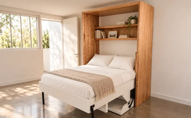 Cama abatible Nagori abierta con libros y portarretratos en el estante