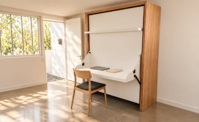 Cama abatible Nagori cerrada en posición escritorio con luz natural