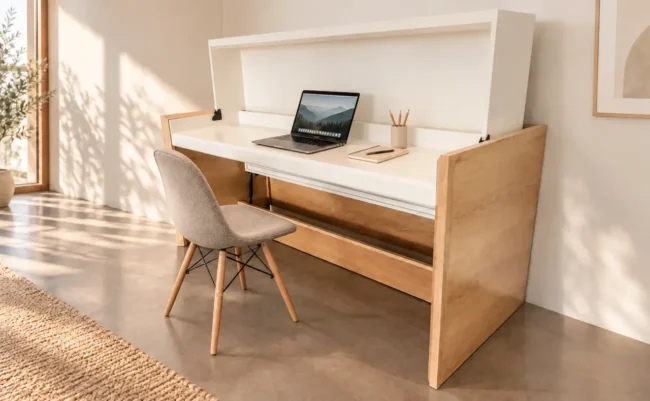 Osaka — escritorio con laptop, anotador y portalápices — toma 1