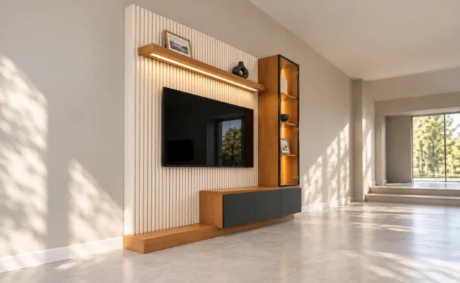 Mueble para TV Pocker con decoración sutil – perspectiva lateral completa